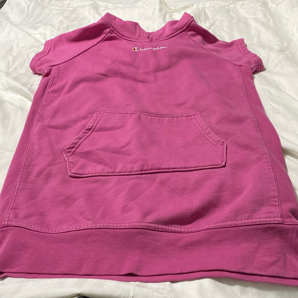 Champion distressed short sleeve, hooded sweatshirt dress girls size large.